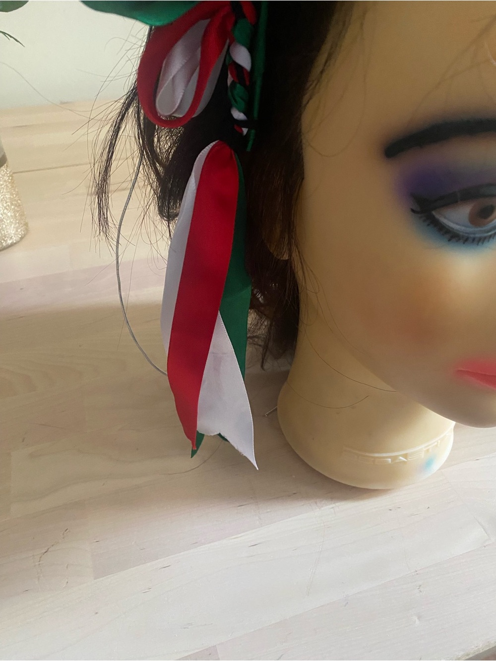Mexican Handmade Ribbon Floral Headband in Red, Green & White - Picture 3 of 6